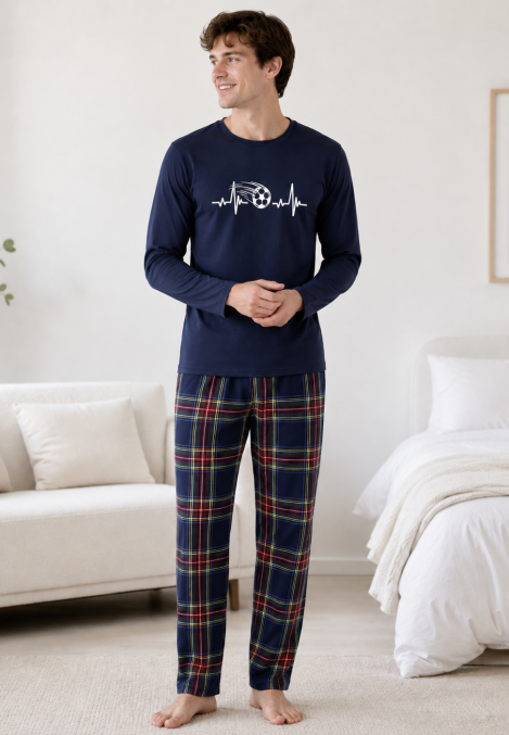Pijama barbati Serena cu maneca lunga si pantalon lung-Bleumarin,Engros